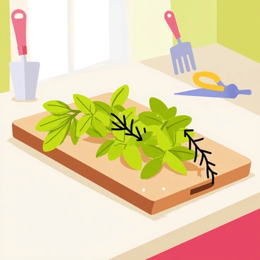 A wooden cutting board is placed on a kitchen counter. The cutting board is filled with an assortment of freshly picked herbs, including vibrant green basil leaves, dark green rosemary sprigs, and bright parsley clumps. Small droplets of water are visible on the herbs, indicating their freshness. In the background, a few garden tools are scattered, and sunlight filters in through a nearby window, casting soft shadows over the scene.