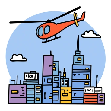 A helicopter with a sleek design flying above the tops of tall skyscrapers in a vibrant city. The helicopter is painted in bright colors and has blades spinning rapidly. The city below features a variety of modern buildings with glass facades reflecting the sunlight. The skyline is dotted with antennas and billboards, indicating a bustling urban environment. There are a few scattered clouds in the blue sky, enhancing the sense of altitude and adventure.