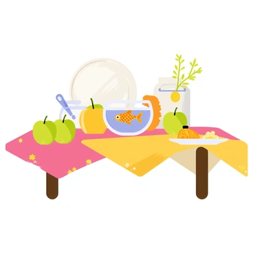 A Haft-Sin table set with a beautifully arranged display of traditional items. In the center, there is a small, clear glass bowl containing a vibrant goldfish swimming gracefully, symbolizing "life." Surrounding the bowl are several distinctive Haft-Sin items: a plate of green apples, a jar of honey, and a sprig of sabzeh. The table is adorned with a colorful tablecloth, and the backdrop features a decorative mirror reflecting the scene.