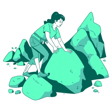 A teal couple is climbing on a rocky terrain, assisting each other as they tackle boulders. The woman has her hands gripping a large rock, while the man is reaching out to support her balance. Both wear bright climbing gear, and their expressions convey focus and determination. In the background, other boulders and rocky outcrops are visible, creating a challenging environment for their bouldering adventure. The sun is shining, casting shadows on the uneven ground.