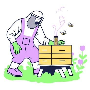 A beekeeper is wearing a white protective suit with a mesh veil and rubber gloves while tending to a beehive. The beekeeper is holding a smoker in one hand, which emits a gentle plume of smoke. The hive is made of wood with several frames visible, some of which are filled with honeycomb. Nearby, bees are flying around, appearing calm due to the smoke. The scene is set in an outdoor garden, with a few flowers visible in the background, adding to the natural environment where the hive is located.