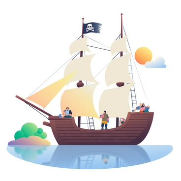A large pirate ship with dark brown wooden planks is sailing on a calm, blue sea. The ship has three tall masts, each adorned with billowing white sails. The iconic "skull-and-crossbones" flag is fluttering proudly at the top of the main mast. The ship's deck is bustling with a few pirates dressed in tattered clothing, some are adjusting the sails while others are looking out towards the horizon. The sun is setting in the background, casting warm golden and orange hues across the sky and reflecting on the water's surface. A distant island with lush green trees can be seen on the left side of the image.