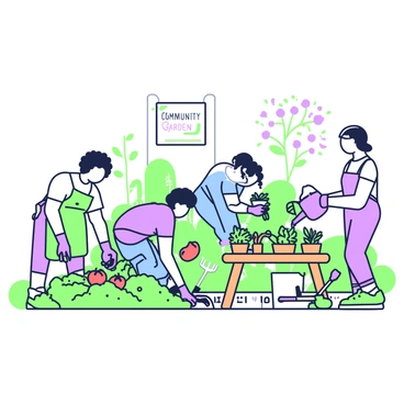 A community garden is filled with lush plants and vibrant flowers. Several people are actively tending to the garden. On the left, a person with curly hair is planting tomatoes, wearing a green apron and gloves. Next to them, a person dressed in blue is watering the plants with a purple watering can. In the center, a woman with braids is kneeling and arranging herbs in small pots. To the right, a man is pruning the flowers while standing beside a wooden bench. Various garden tools, such as a spade and rake, are scattered nearby, and a small sign reading "Community Garden" is visible in the background.