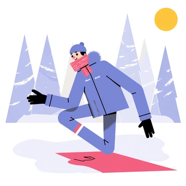 A person wearing a fluffy blue parka, a knitted red scarf, and thick black gloves is doing leg raises outside. The individual is on a snowy ground, with white snowflakes gently falling around them. Their winter gear keeps them warm while they maintain balance on a red exercise mat. Trees in the background are dusted with snow, and a bright sun peeks through the clouds, illuminating the winter scene.