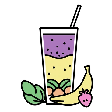 A vibrant ayurvedic smoothie in a tall glass, with layers visible, showcasing a blend of fresh fruits and vegetables. At the bottom, there are chunks of bright orange carrot and green spinach leaves. Above that, a layer of blended banana adds a creamy yellow hue. Next, there are pieces of deep purple beetroot, providing a rich color contrast. The top layer features small pieces of bright red strawberries and a sprinkle of flax seeds for texture. A straw is inserted into the glass, and a few whole fruits and vegetables are placed around the base of the glass, including a whole banana, a vibrant red strawberry, and a leafy green spinach bunch. The scene is bright and inviting.