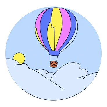 A colorful hot air balloon with a patchwork design is ascending into a clear blue sky. The balloon has a large, round shape and a sturdy wicker basket hanging below. Surrounding the balloon is a layer of soft morning mist that gently blankets the landscape below. The mist has a light gray color, creating a subtle contrast with the vibrant colors of the balloon. The sun is just beginning to rise, casting a warm glow on the scene.