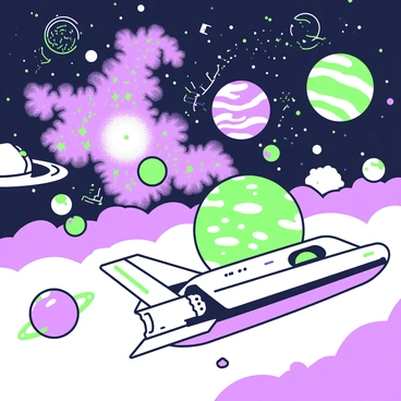 A vast scene depicting a journey through space. In the foreground, a sleek spacecraft is gliding smoothly through the cosmos. Surrounding the spacecraft, planets of various sizes are scattered across the image, showcasing unique shapes and textures. One planet features swirling patterns, while another has a rocky surface with deep canyons. In the background, a nebula with intricate formations spreads across the sky, filled with clusters of stars twinkling in the dark expanse. Several asteroid fragments float nearby, adding to the dynamic environment.