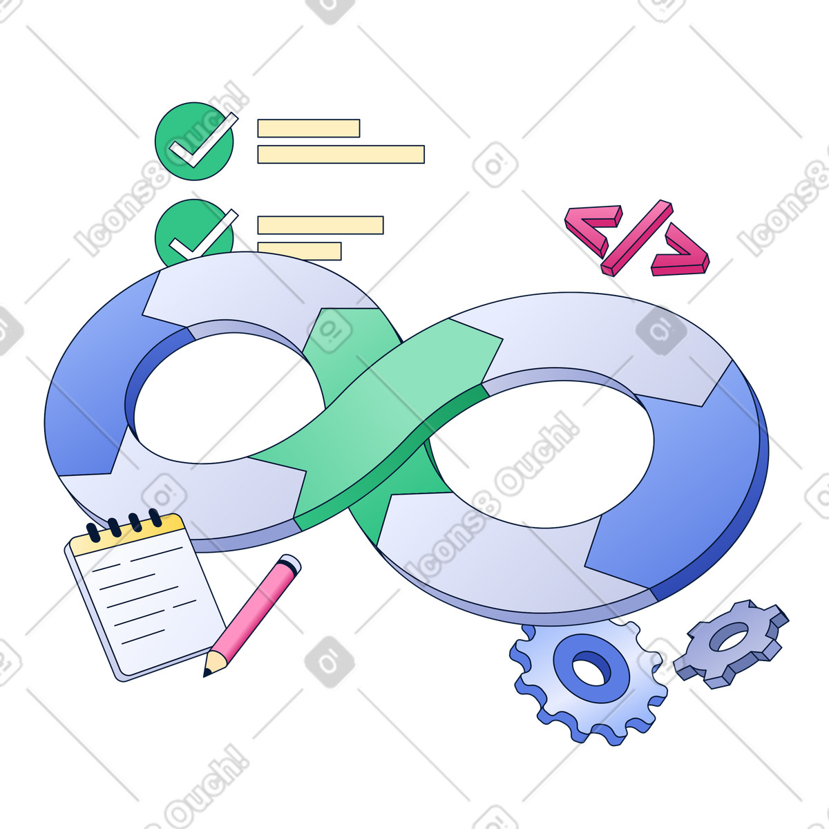 Infinity symbol with code and gears, Software development and deployment pipeline illustration in PNG, SVG