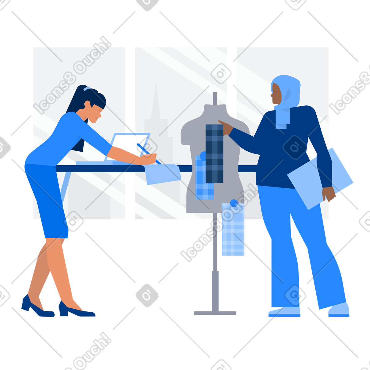 Colleagues reviewing fabric samples on mannequin, Selecting textiles for a new clothing line illustration in Urban style download in PNG, SVG