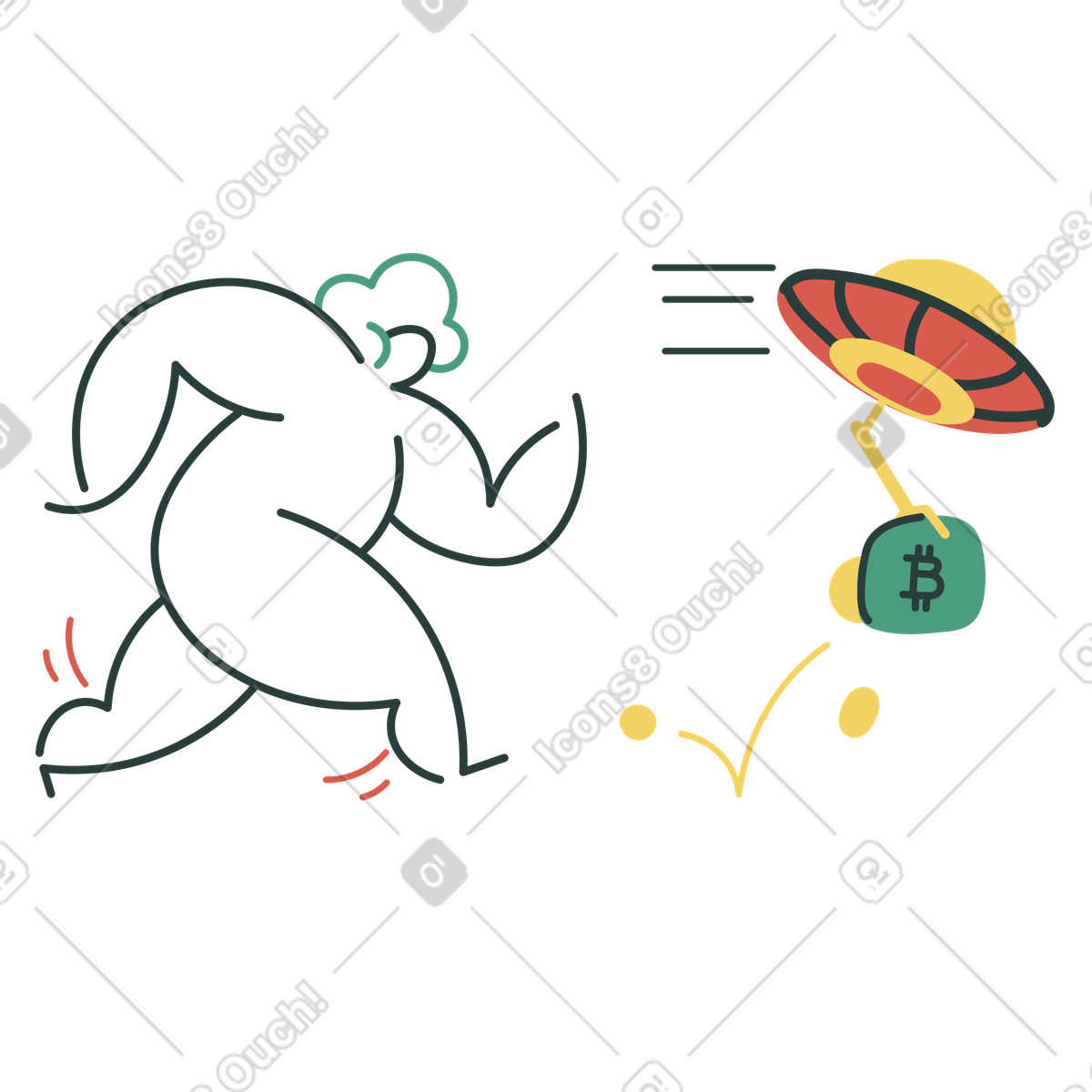 Ufo ha rubato il portafoglio di un uomo con bitcoin illustrazione in stile Macaroni scarica in PNG, SVG