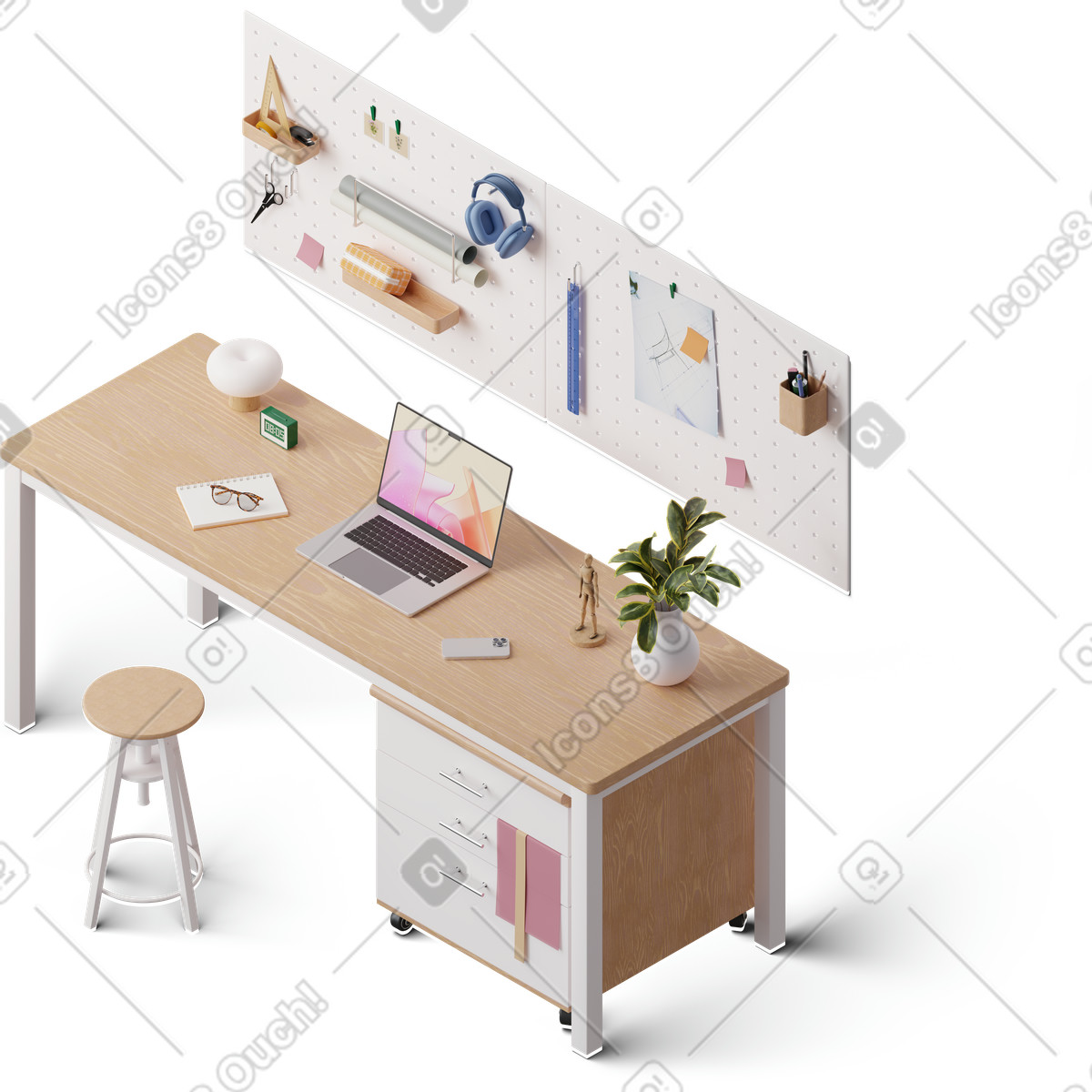 Ilustração de Vista isométrica da mesa trabalho em no estilo 3D Hygge para baixar em PNG, SVG