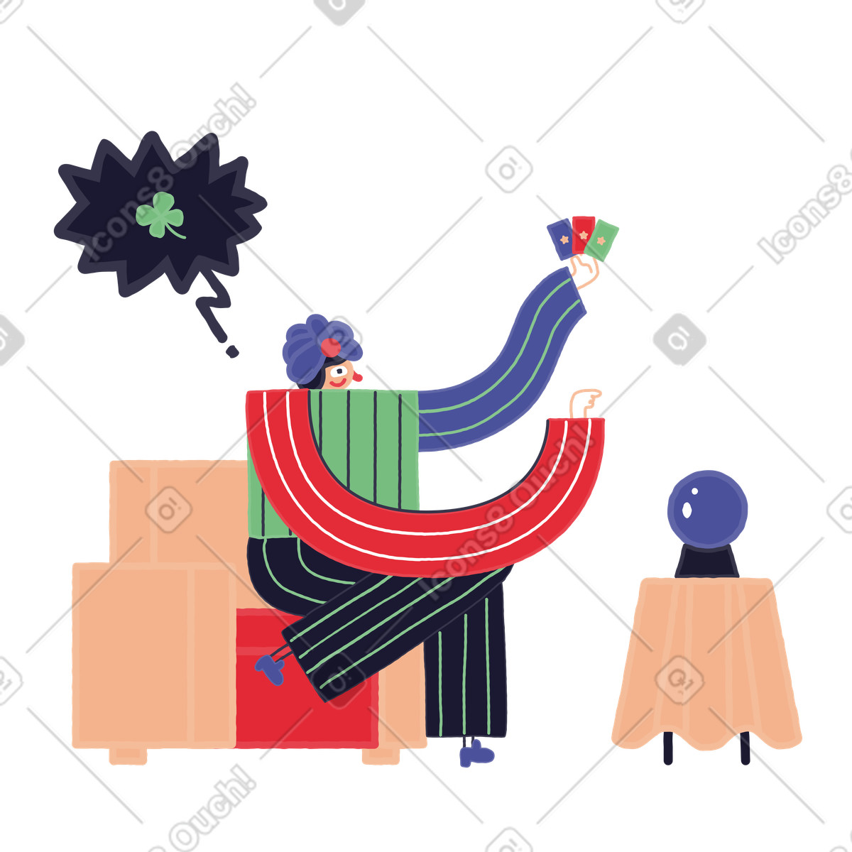 Fortune teller sitting near crystal ball and reading tarot cards illustration in Stripy style download in PNG, SVG