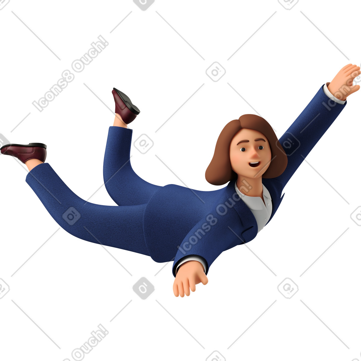 Flying businesswoman in blue suit illustration 3D Business style download PNG, SVG