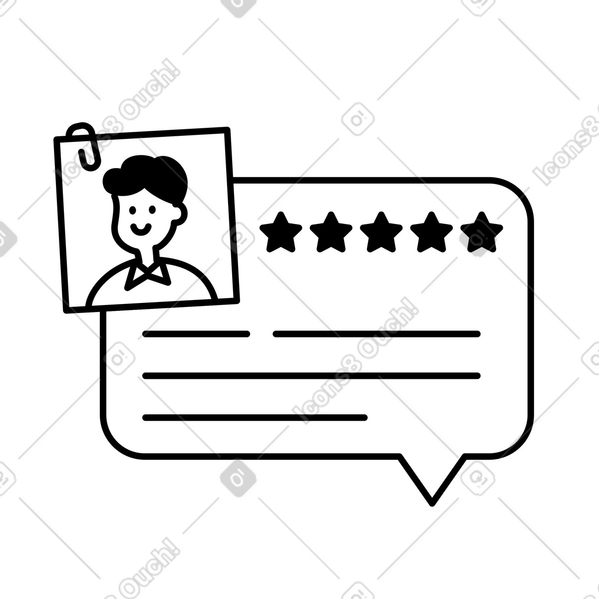 Иллюстрация Review rating chat bubble containing reviewer photo and detailed comment lines в стиле Notion Line Art — скачать в форматах PNG, SVG