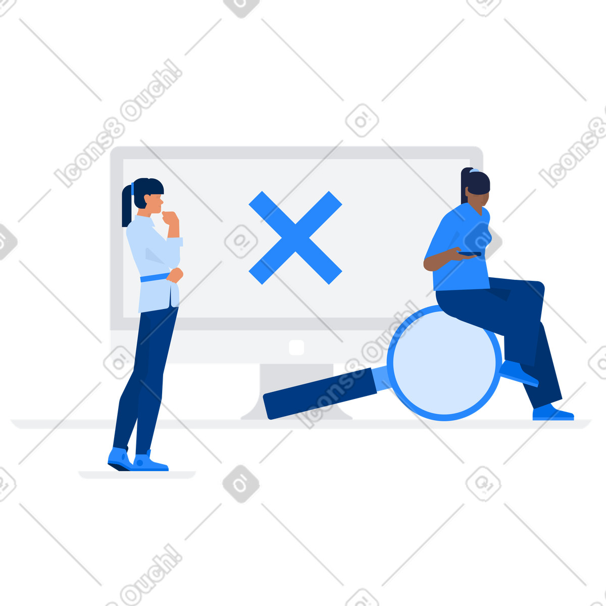 Colleagues encountering data error message, Failed search and not found illustration in Urban style download in PNG, SVG