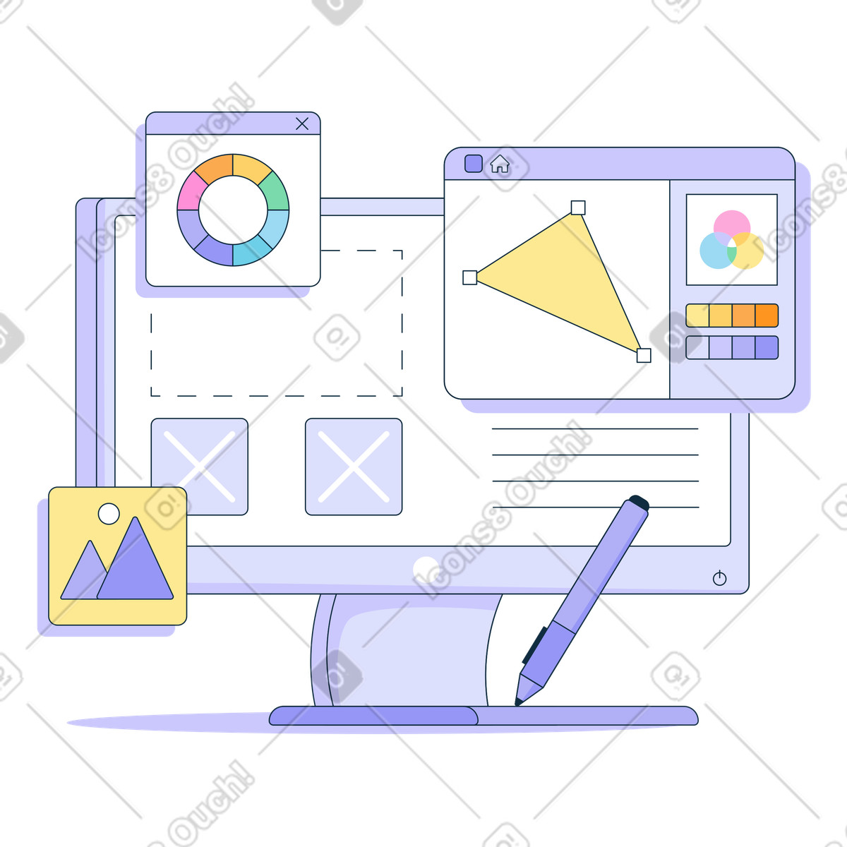Computer monitor with web design programs animated illustration in GIF, Lottie (JSON), AE