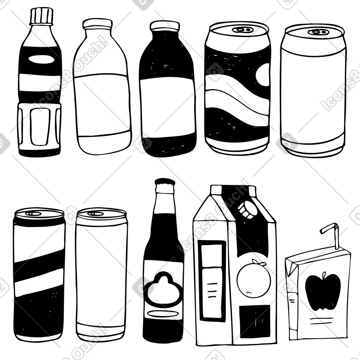 Ilustración Botellas, latas y cajas de diferentes bebidas. en estilo Marks a descargar en PNG SVG