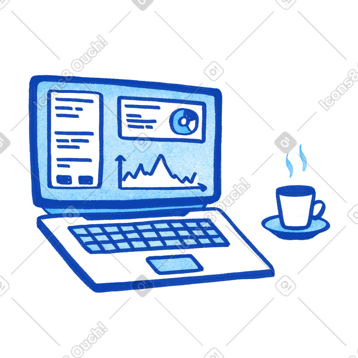 下载 Tint 风格的 Laptop analytics dashboard with line chart and pie widgets 插画，支持 PNG、SVG 格式