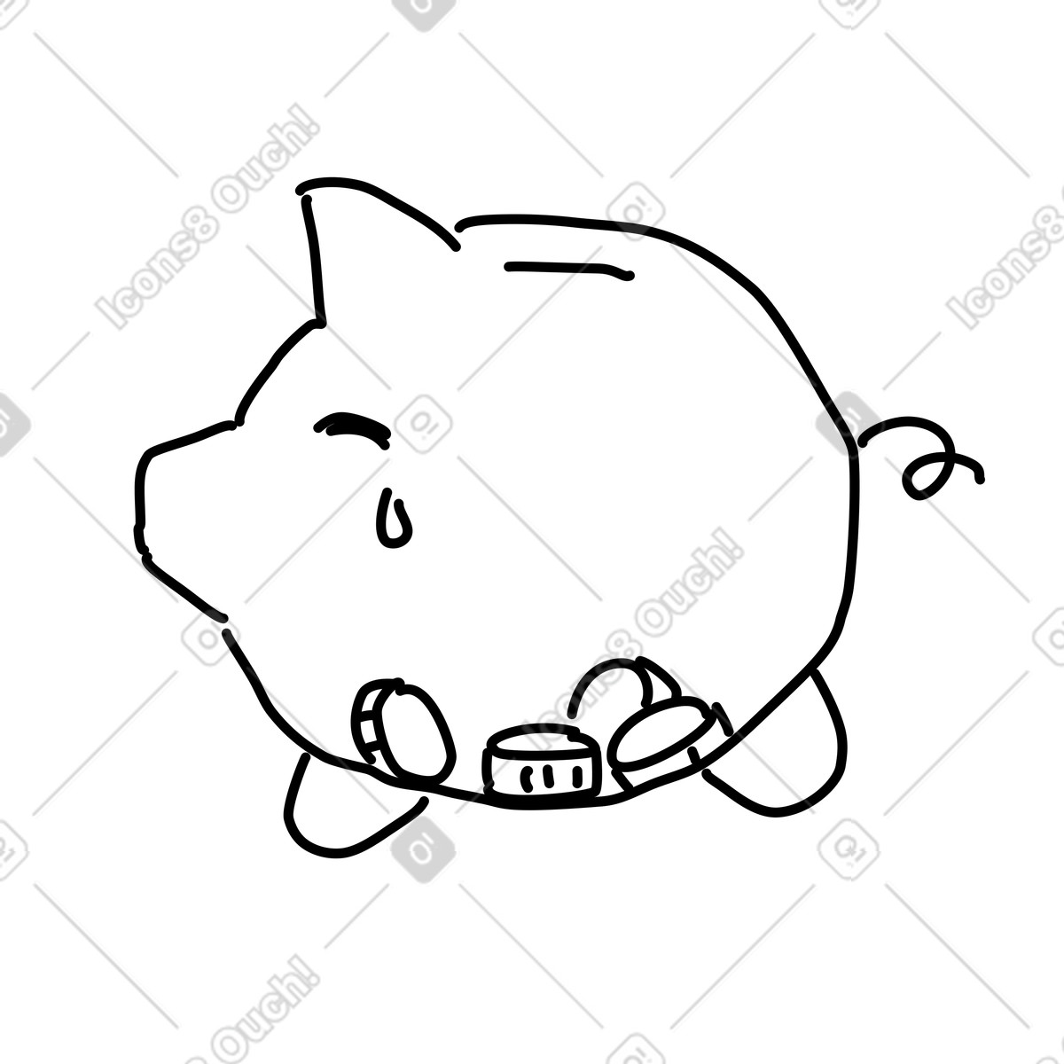 Rough Sketch スタイルの Piggy bank crying with few coins symbolizing financial hardship のイラストをPNG、SVG形式でダウンロード