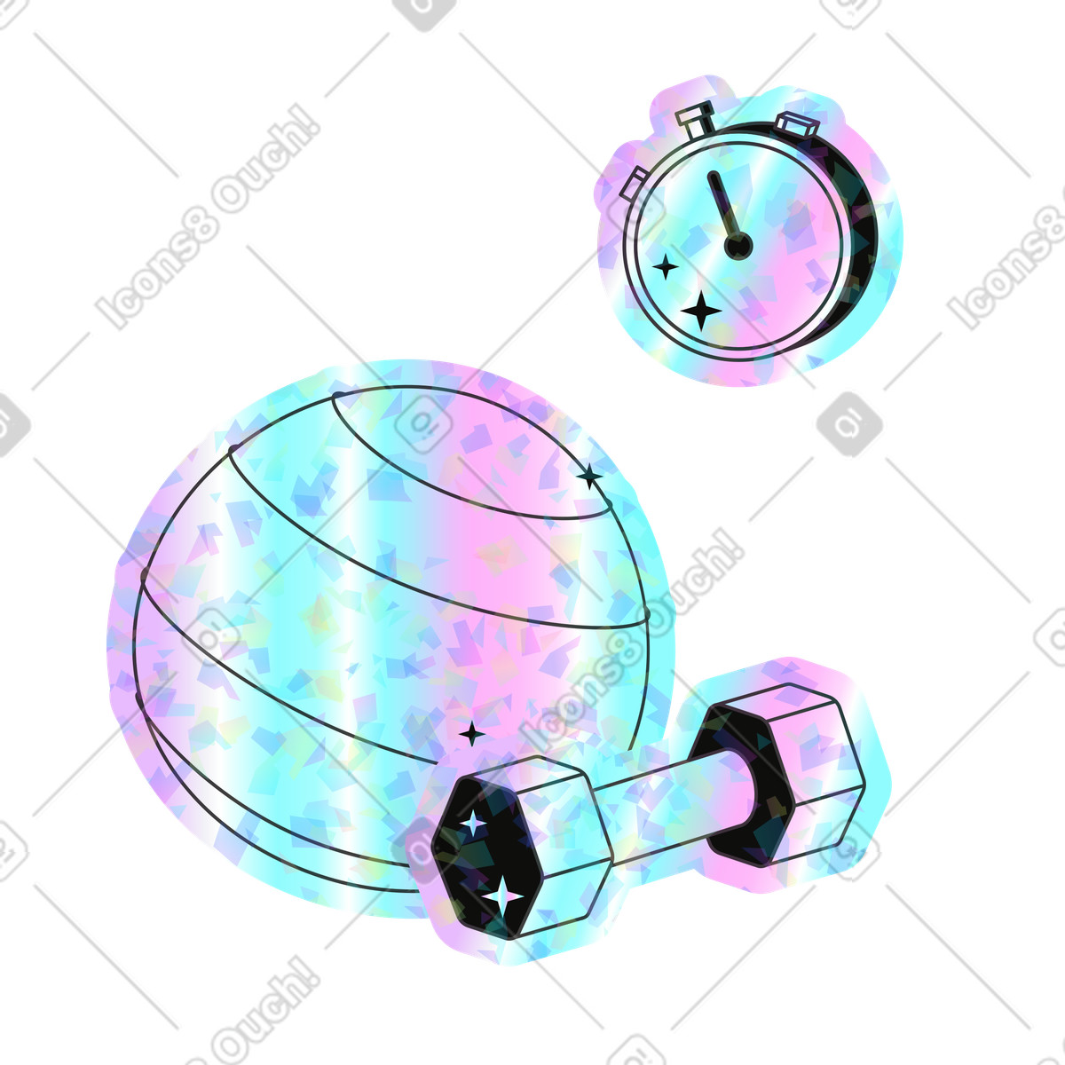 Holostickers スタイルの エクササイズボール、ダンベル、ストップウォッチ のイラストをPNG、SVG形式でダウンロード