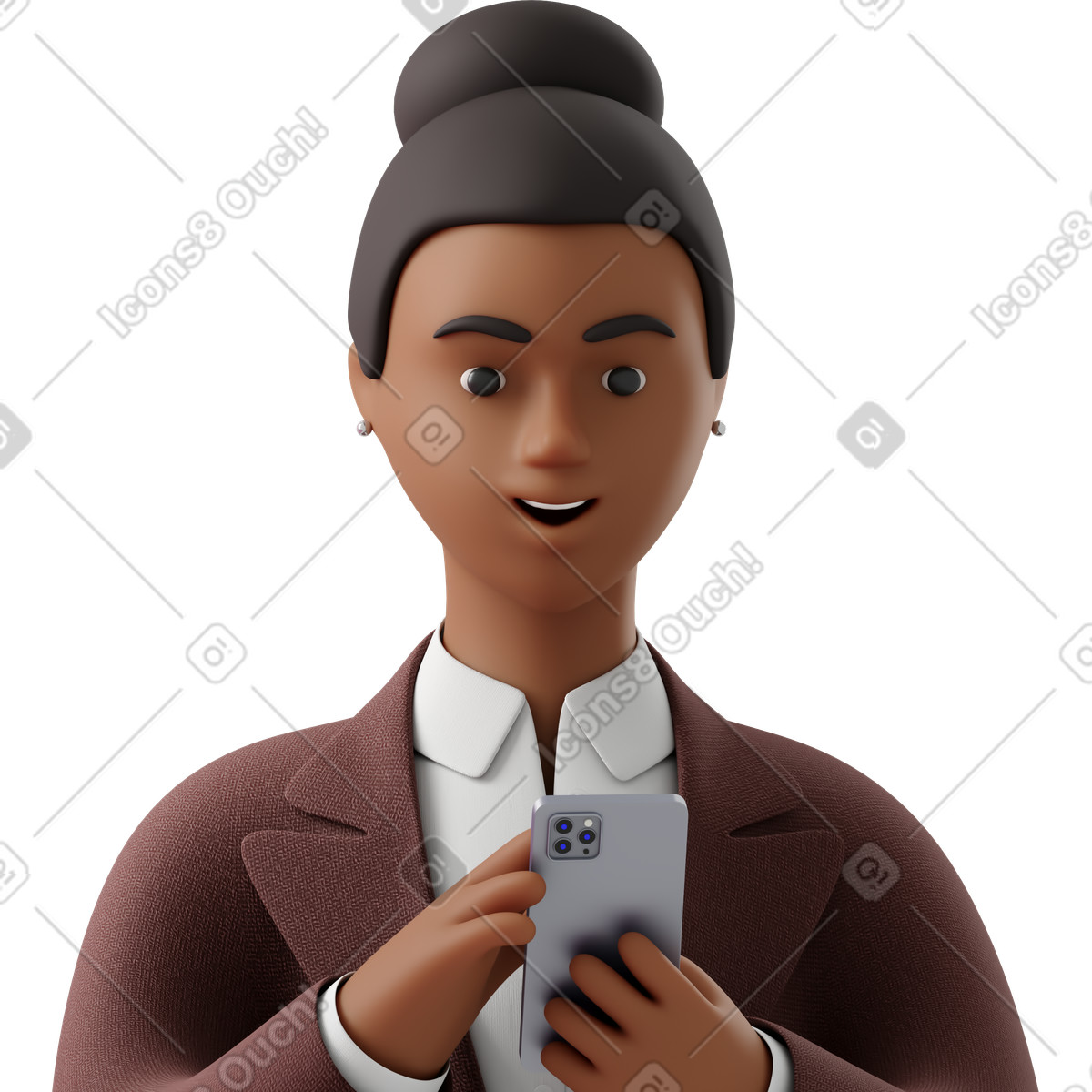 Illustration Close up of black businesswoman in brown suit looking at phone dans le style 3D Business à télécharger aux formats PNG, SVG