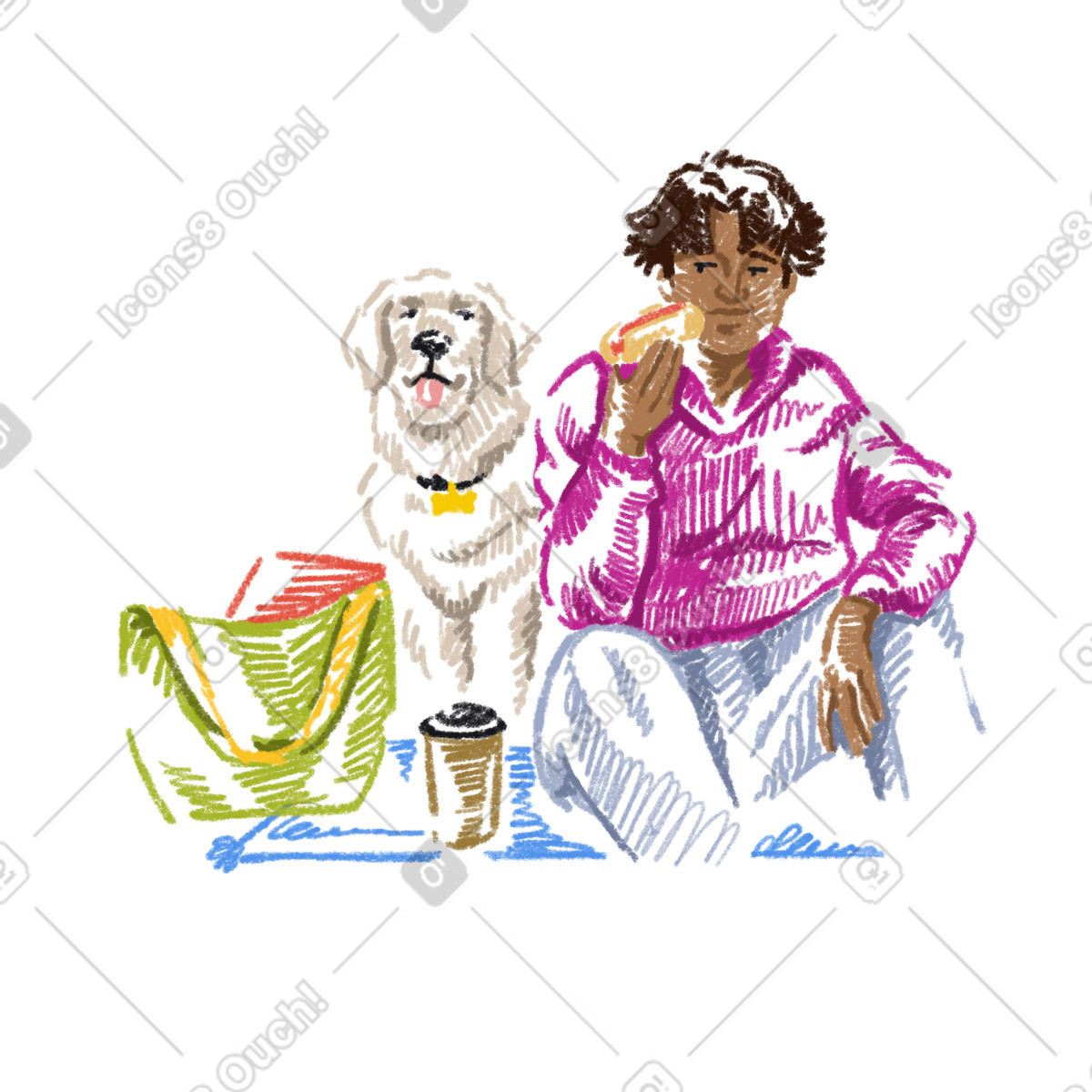 Giovane e il suo cane che fanno un picnic illustrazione in stile Sketchbook scarica in PNG, SVG