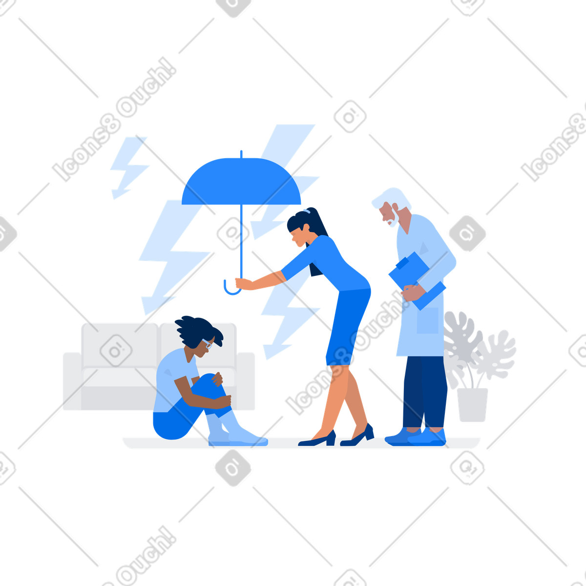 下载 Urban 风格的 Team of mental health specialists assisting anxious patient, Psychological care and protection 插画，支持 PNG、SVG 格式