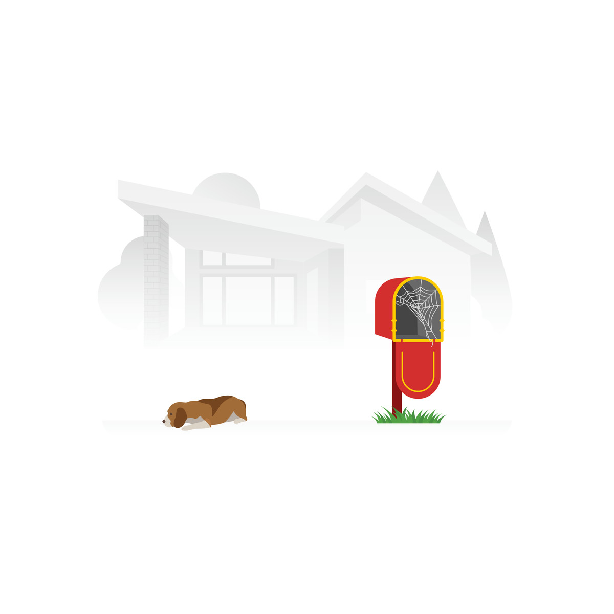 Dog and empty mailbox with cobweb in front yard illustration Fogg style download PNG, SVG