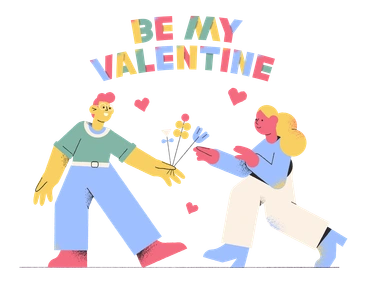 Two people exchanging flowers with hearts above - Pablo style illustration