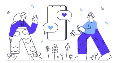 Two people interacting with a smartphone - Pablita style illustration