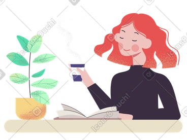 Woman drinking coffee near the plant PNG, SVG