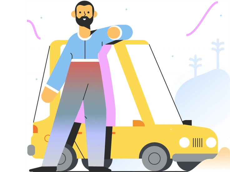 A man leaning on a yellow car - Marginalia style illustration
