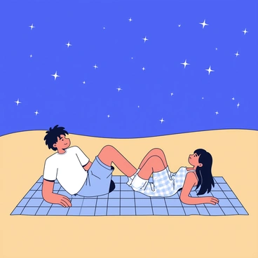 A couple is lying on a large, checkered blanket spread out on the sandy desert ground. The man has short, tousled hair and is wearing a simple white t-shirt and denim shorts. The woman has long, flowing hair and is dressed in a light, casual sundress. They are both comfortably propped up on their elbows, gazing up at a sky filled with countless shining stars. The night sky is deep blue, dotted with twinkling white stars, and the horizon shows faint silhouettes of distant sand dunes.