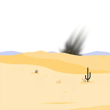 A vast desert landscape stretches out under a pale blue sky. In the distance, a dark, menacing sandstorm looms on the horizon, swirling with golden and brown grains of sand. The storm appears thick and turbulent, casting a shadow over the sandy dunes below. Sparse vegetation, such as small cacti and tufts of dry grass, is visible in the foreground, swaying gently in the wind. The scene hints at the impending rush of wind and dust as the storm approaches, creating an atmosphere of anticipation.