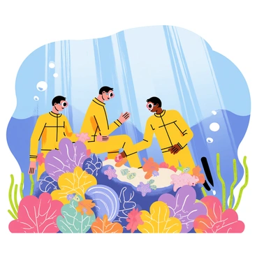 A group of divers in bright wetsuits is working underwater to restore a coral reef. The divers are carefully placing small coral fragments onto a colorful, healthy section of the reef. Surrounding them, various marine life is thriving, including "brightly colored fish," "gentle sea turtles," and "playful starfish" nestled among the coral. Sunlight filters down through the water, illuminating the scene and highlighting the rich textures of the coral and the vibrant colors of the marine inhabitants. A few bubbles rise towards the surface as the divers communicate and coordinate their efforts in the restoration process.