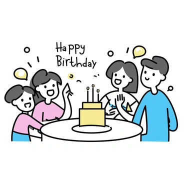 A family gathered around a round table, smiling and singing "Happy Birthday". The table is adorned with a colorful birthday cake in the center, decorated with lit candles. The family members include a man wearing a blue shirt, a woman in a floral dress, and two children, one with pigtails wearing a pink top and the other in a striped t-shirt. They are all facing the cake with joyful expressions, some holding party hats. Streamers and balloons are visible in the background.