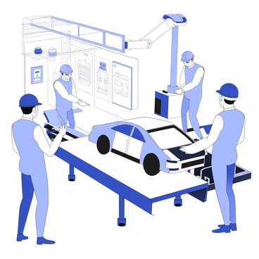 Engineers are supervising a high-tech car assembly line inside a large factory. Several engineers are positioned at different stations, wearing safety helmets and monitoring various stages of the assembly process. One engineer is inspecting the car chassis as it moves along the conveyor belt, while another is reviewing technical schematics on a tablet. Advanced machinery is visible in the background, including robotic arms assembling parts of the vehicles. The factory environment is spacious, with bright overhead lights illuminating the work area.