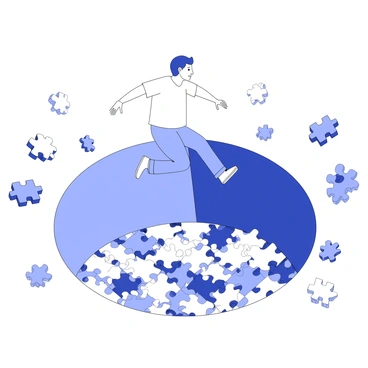 A person is depicted in mid-leap over a large pit filled with various puzzle pieces scattered throughout. The individual is wearing casual clothing, and appears focused, with their arms extended forward as they prepare to jump. The puzzle pieces in the pit are of different shapes and sizes, some flipped over while others show vibrant patterns, showcasing a variety of designs and colors. The surrounding area is filled with a sense of urgency, as the person aims to clear the pit.