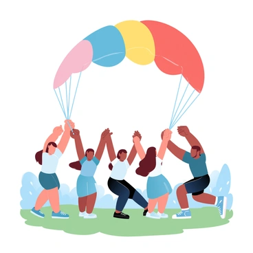 A group of students is gathered together, holding the edges of a large, colorful parachute. The parachute is vibrantly patterned with a combination of red, blue, yellow, and green sections. Some students are standing while others are crouching, all focused on lifting the parachute high above their heads. The background features a grassy outdoor area, and a few trees can be seen in the distance. The atmosphere conveys a sense of teamwork and enthusiasm as the students work together to create waves in the parachute.