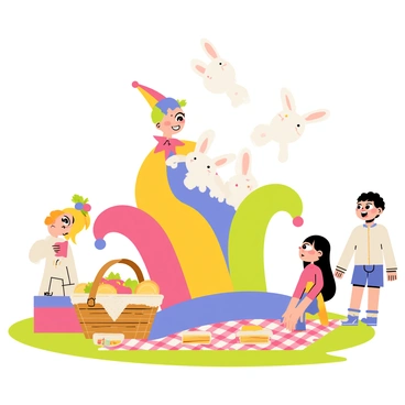 A jester performing a trick with rabbits popping out of a colorful hat at a picnic.