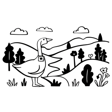 A goose standing on a grassy hillside with a vintage camera hanging around its neck. The goose is looking towards a picturesque landscape filled with rolling hills and trees. In the background, there are scattered clouds in the sky, and a winding river can be seen flowing through the valley below. Nearby, a few wildflowers are blooming, adding to the natural beauty of the scene.