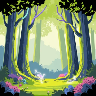 A magical forest filled with tall, intricate trees that have vibrant green trunks and enormous leaves. The branches of each tree are adorned with glowing plasma, radiating bright colors like blue, purple, and pink. A soft, ethereal light illuminates the forest floor, revealing a carpet of lush moss and colorful wildflowers. Small creatures with luminescent tails dart between the trees, adding to the enchanting atmosphere of the scene. Wisps of mist hover above the ground, intertwining with the glowing plasma, creating a mesmerizing effect throughout the forest.