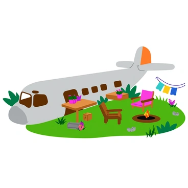 An abandoned airplane fuselage sits in a grassy clearing, surrounded by wildflowers and tall grass. The fuselage features faded paint and rusted metal, indicating its age. Windows along the side are either shattered or covered with plastic, giving the structure a makeshift appearance. Inside, the space is filled with simple furniture made from reclaimed materials, such as a wooden table and chairs. Bright colored cushions are scattered around for comfort. Potted plants are placed on shelves created from the airplane's original overhead compartments. A small fire pit is situated outside, with logs arranged around it for seating. A clothesline hangs nearby, with colorful garments gently blowing in the breeze.