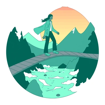 A teal person is confidently walking across a narrow, unstable bridge made of wooden planks. The bridge sways slightly, with several planks missing, adding to the sense of danger. Below the bridge, there is a rushing river with white frothy waves crashing against the rocks. In the background, there are tall mountains shrouded in mist, symbolizing a spiritual journey. The sky is a gradient of orange and yellow, suggesting a dawn or dusk setting, highlighting the determination of the person on their journey.