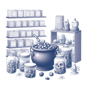 A candy store display featuring a variety of candies arranged artistically. The display includes jars filled with uniquely shaped candies resembling skulls and serpents. A large, ornate black cauldron is positioned at the center, filled with a mix of dark-colored candies that have a dangerous allure. There are decorative elements such as miniature tombstones and spiderwebs woven around the setup. The backdrop consists of shelves lined with neatly arranged candy boxes and bags, all labeled with playful names related to the 'poison' theme. The overall composition creates a fun yet slightly eerie atmosphere perfect for Halloween.