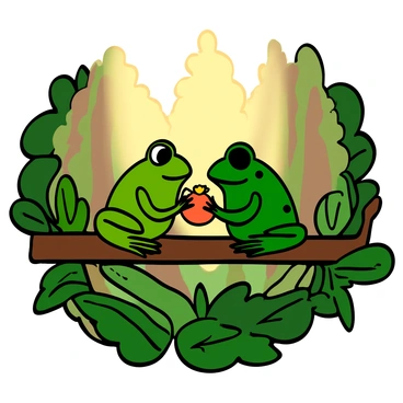 Two frogs with vibrant green skin sitting side by side on a sturdy branch. One frog has big eyes and a slightly lighter green color, while the other frog has slightly darker skin with spots. They are holding a small piece of fruit between them, looking at each other with joy. Around them, the branch is surrounded by lush green leaves, and soft sunlight filters through the treetops, creating a warm atmosphere in the forest. The background features a blurred array of other trees and foliage, emphasizing the serenity of their shared moment.