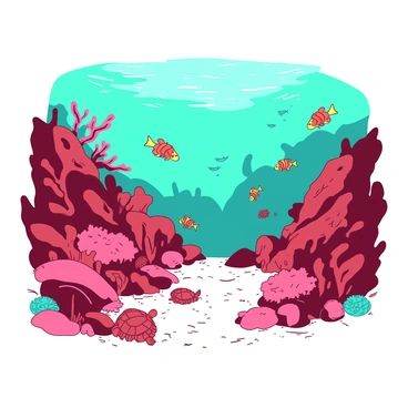 A vibrant underwater scene filled with various coral reefs in shades of red and teal. The coral structures are teeming with life, showcasing a variety of fish including bright orange clownfish swimming among the reefs. A few yellow sea turtles glide gracefully through the water, and a school of small blue fish darts playfully around the coral formations. Sunlight filters down from the surface, creating a beautiful interplay of light and shadow across the sandy ocean floor.