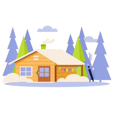 A winter scene featuring tall trees with thick layers of white snow on their branches. In the foreground, a cozy cabin made of warm brown wood is nestled among the trees. The cabin has smoke gently rising from its chimney, suggesting a warm fire inside. There are soft, fluffy snowdrifts surrounding the cabin, and a few colorful decorations hang from the porch. The sky is a soft blue, with fluffy white clouds scattered throughout.