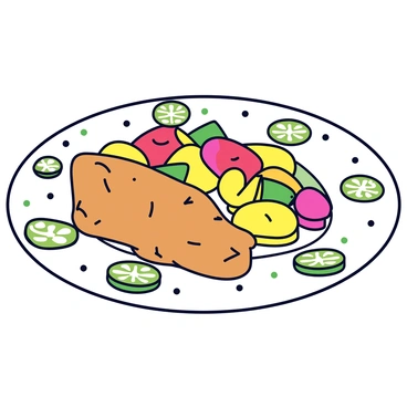 A round white plate featuring a neatly arranged dish of colorful food. The main elements of the dish include a portion of grilled chicken with a golden-brown crust and a side of vibrant roasted vegetables in various colors such as red, yellow, and green. Intricate cucumber slice decorations are artfully placed around the dish, showcasing delicate shapes and patterns. A sprinkle of fresh herbs adds a touch of green to the presentation. The plate is set against a simple, neutral background to emphasize the culinary details.