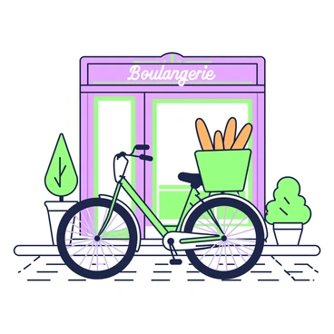 A bicycle is parked outside a boulangerie. The bicycle has a sturdy frame and features a large basket attached to the front. This basket is filled with several golden-brown baguettes, neatly arranged and poking out from the top. The boulangerie facade is visible in the background, with its well-decorated entrance and a sign that reads "Boulangerie" in elegant lettering. Outside the boulangerie, there are a couple of potted plants, adding a touch of greenery to the scene. The ground is cobblestone, enhancing the charm of the setting.